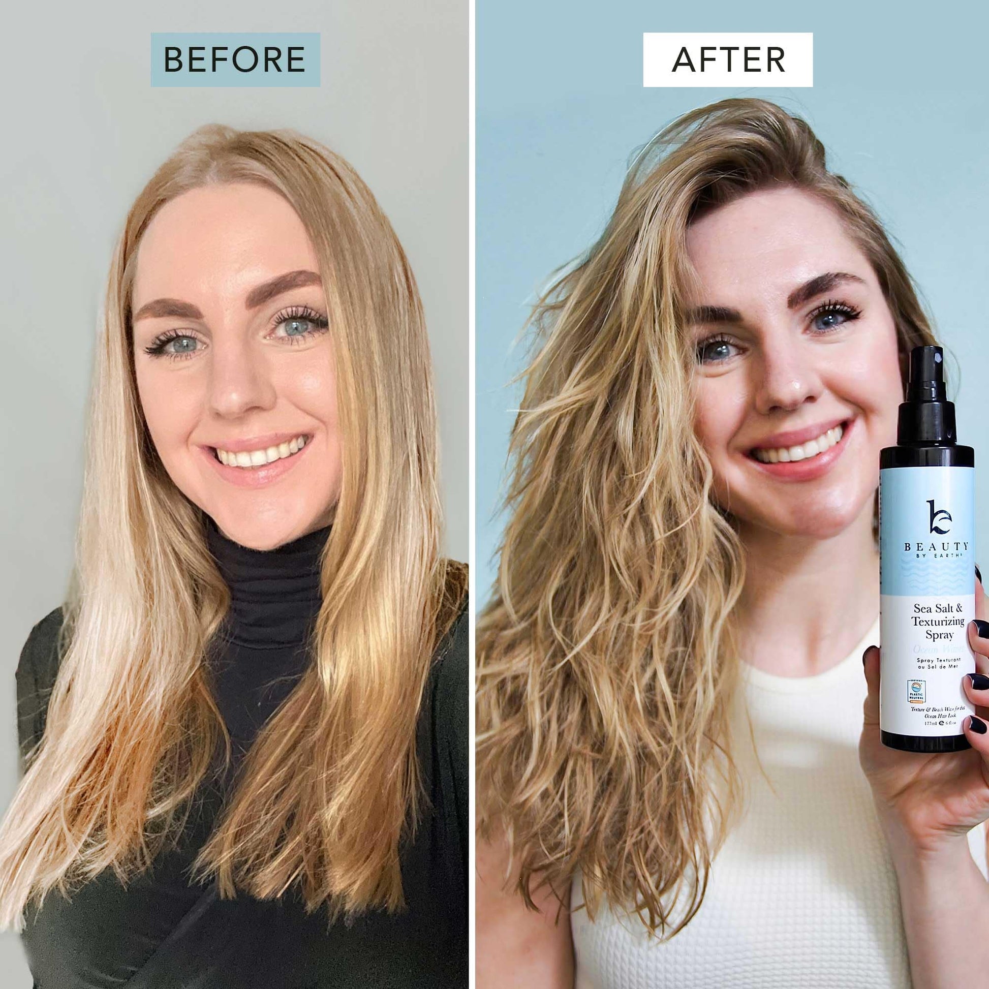 Close up of Beauty by Earth hair styling spray packaging