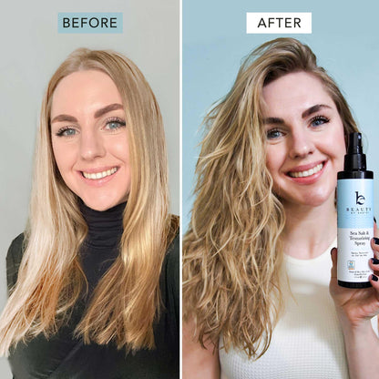 Close up of Beauty by Earth hair styling spray packaging