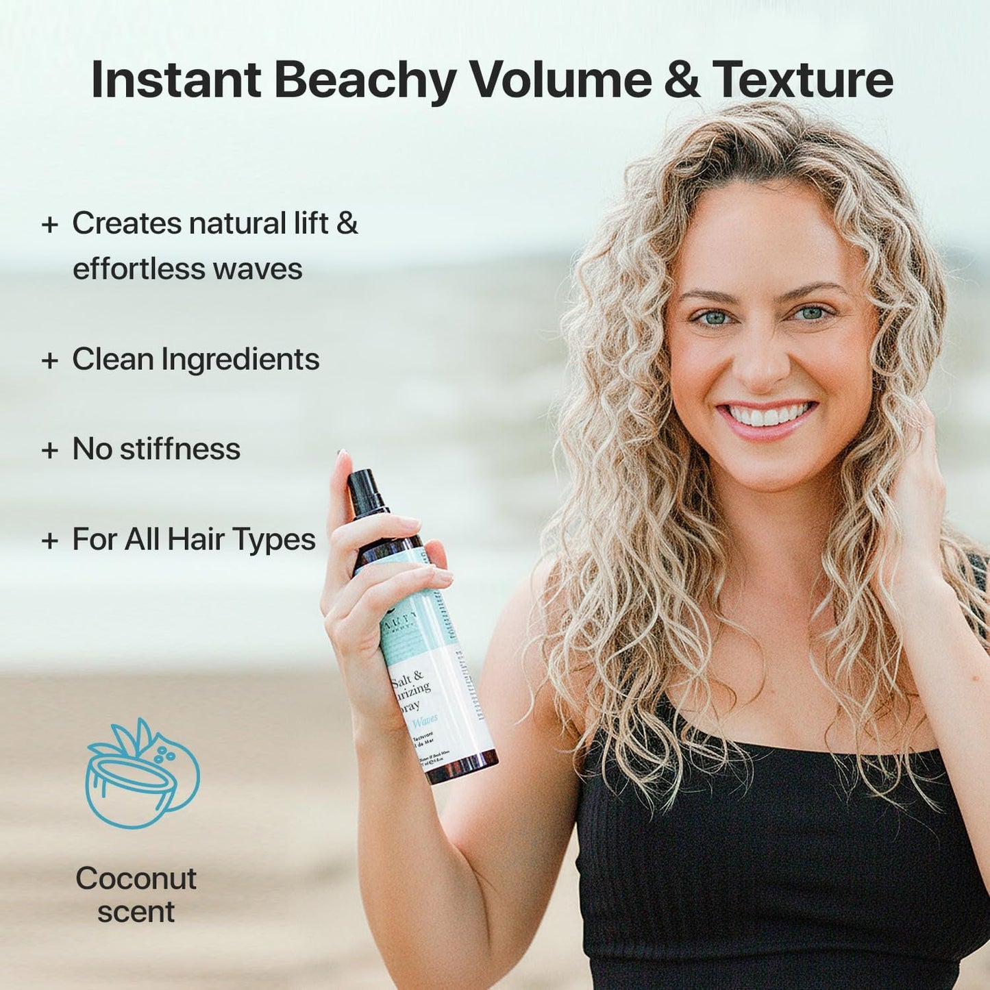 Back label of Beauty by Earth sea salt spray showing ingredients