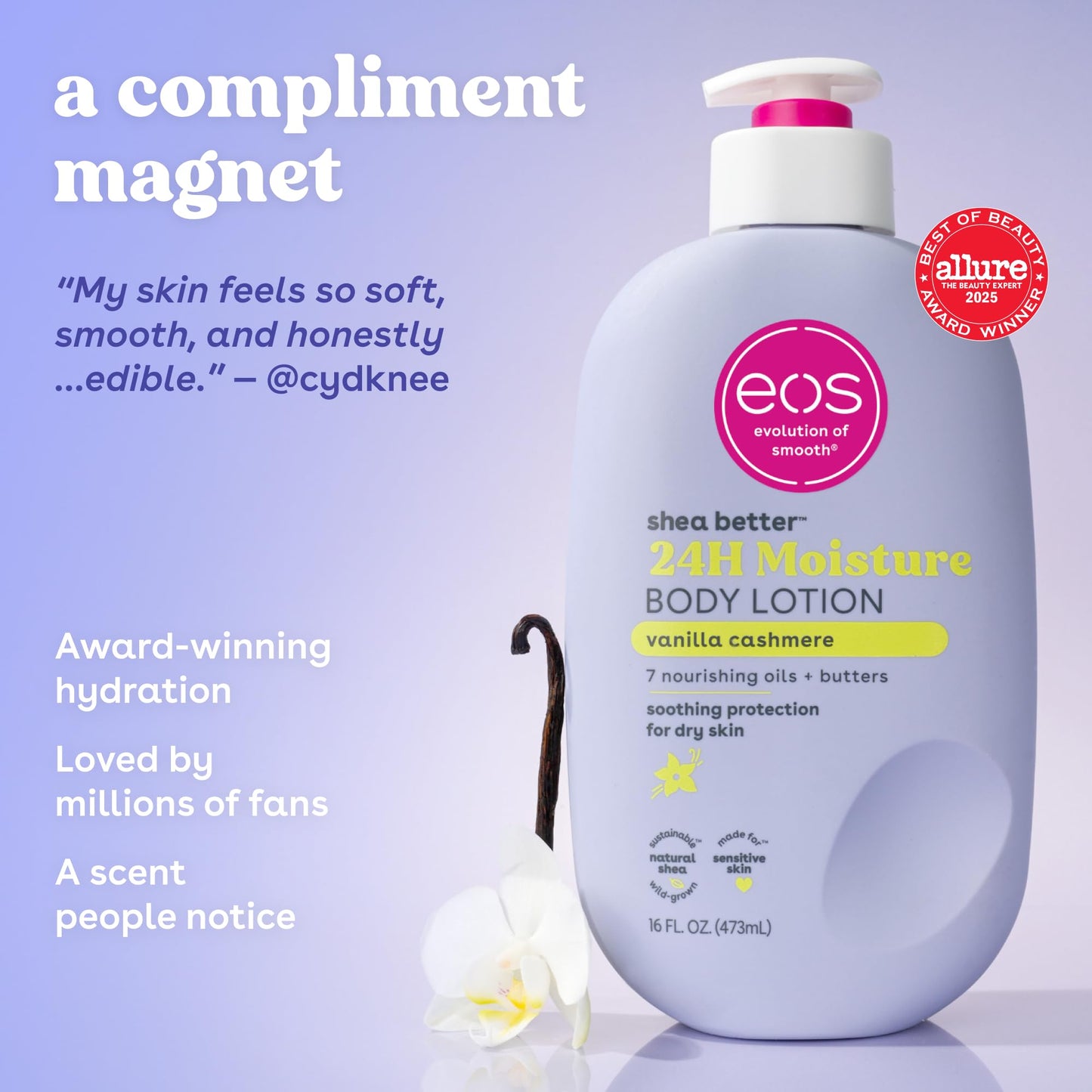 Back of Eos Vanilla Cashmere lotion tube showing ingredients