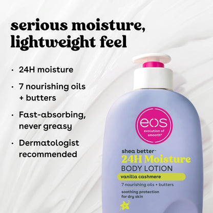 Eos travel size body lotion held in hand for scale