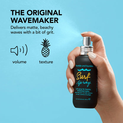 Closeup of Bumble and bumble Surf Spray branding