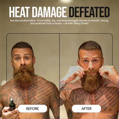 Back label of Viking Shield hair and beard heat protectant