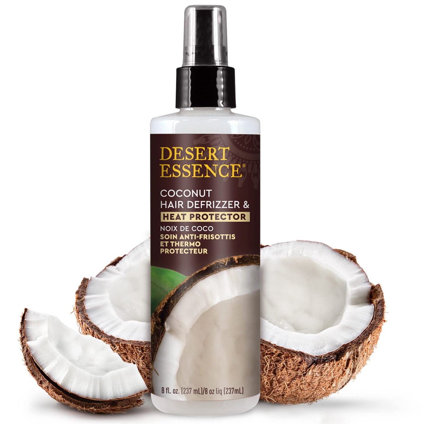 Close up of Desert Essence hair spray bottle label