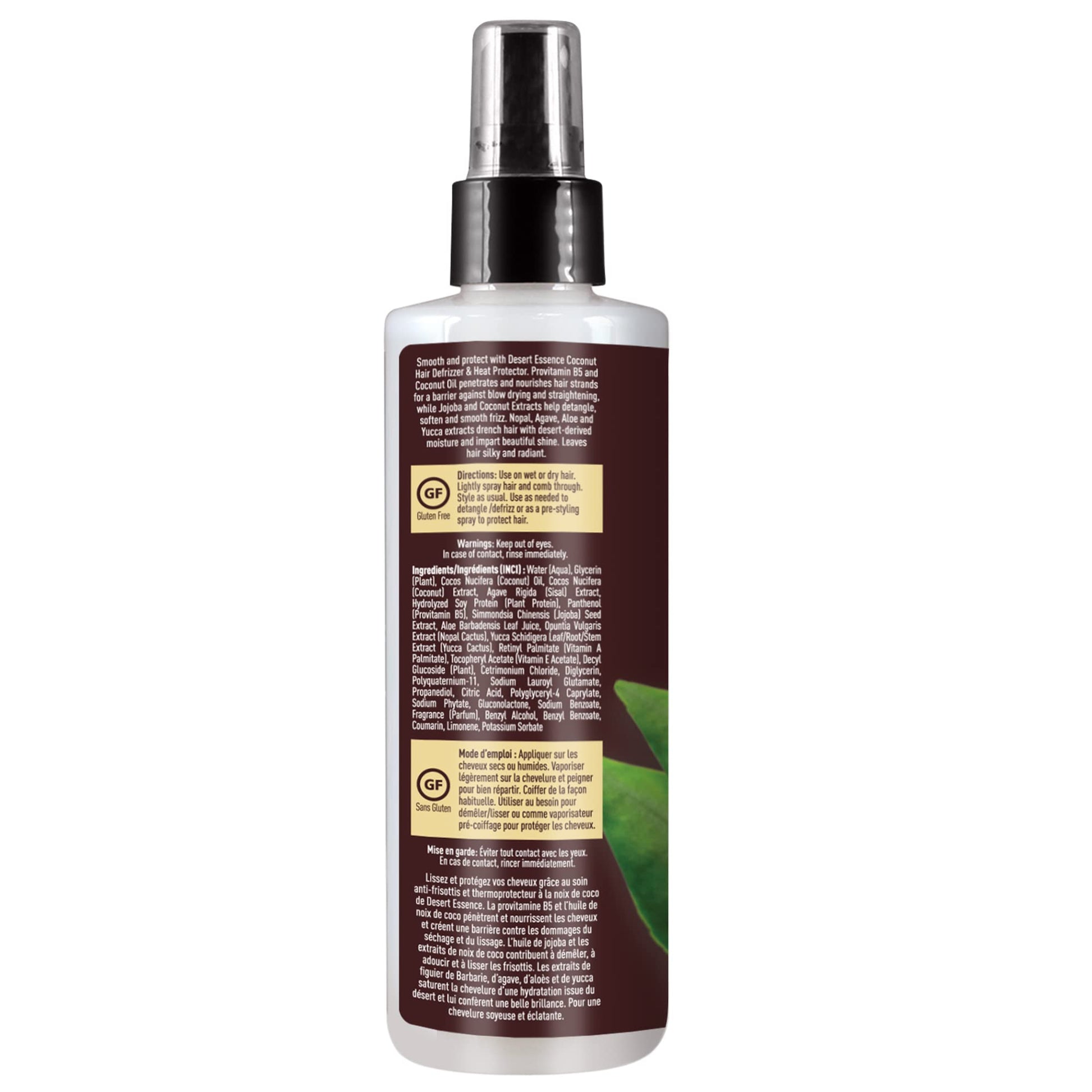 Back of Desert Essence Coconut Hair Defrizzer bottle showing ingredient list