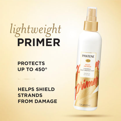 Three bottles of Pantene Pro-V Heat Primer packaging