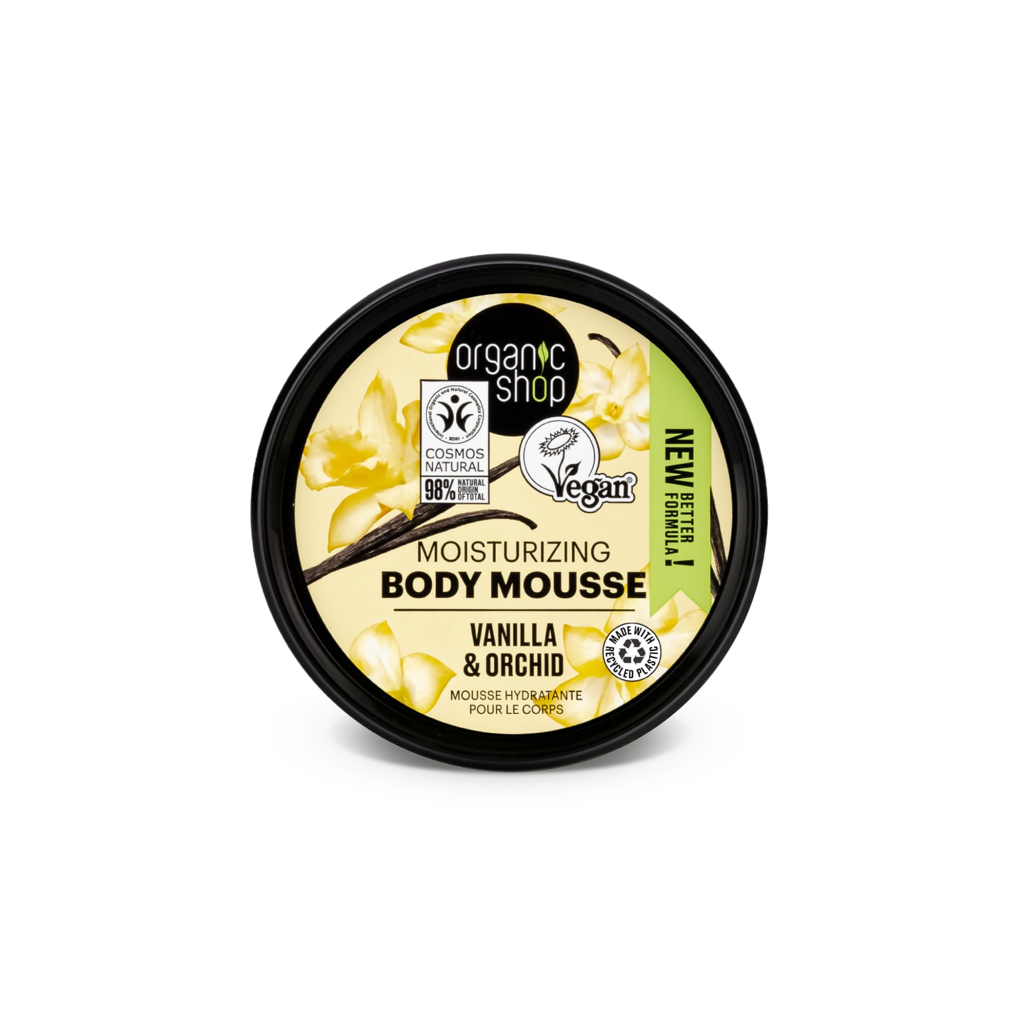Organic Shop moisturizing body cream with vanilla and orchid extracts open tub showing whipped texture.