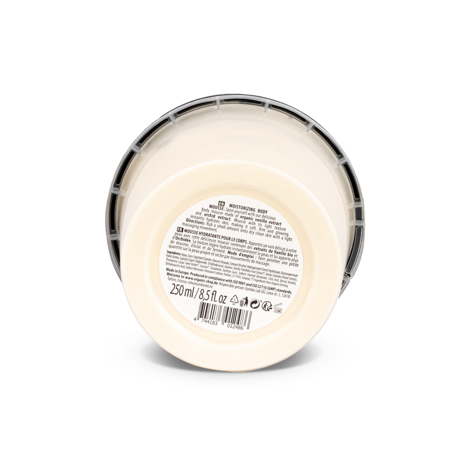Back label of Organic Shop Bourbon Vanilla body cream displaying natural ingredients and COSMOS certification.