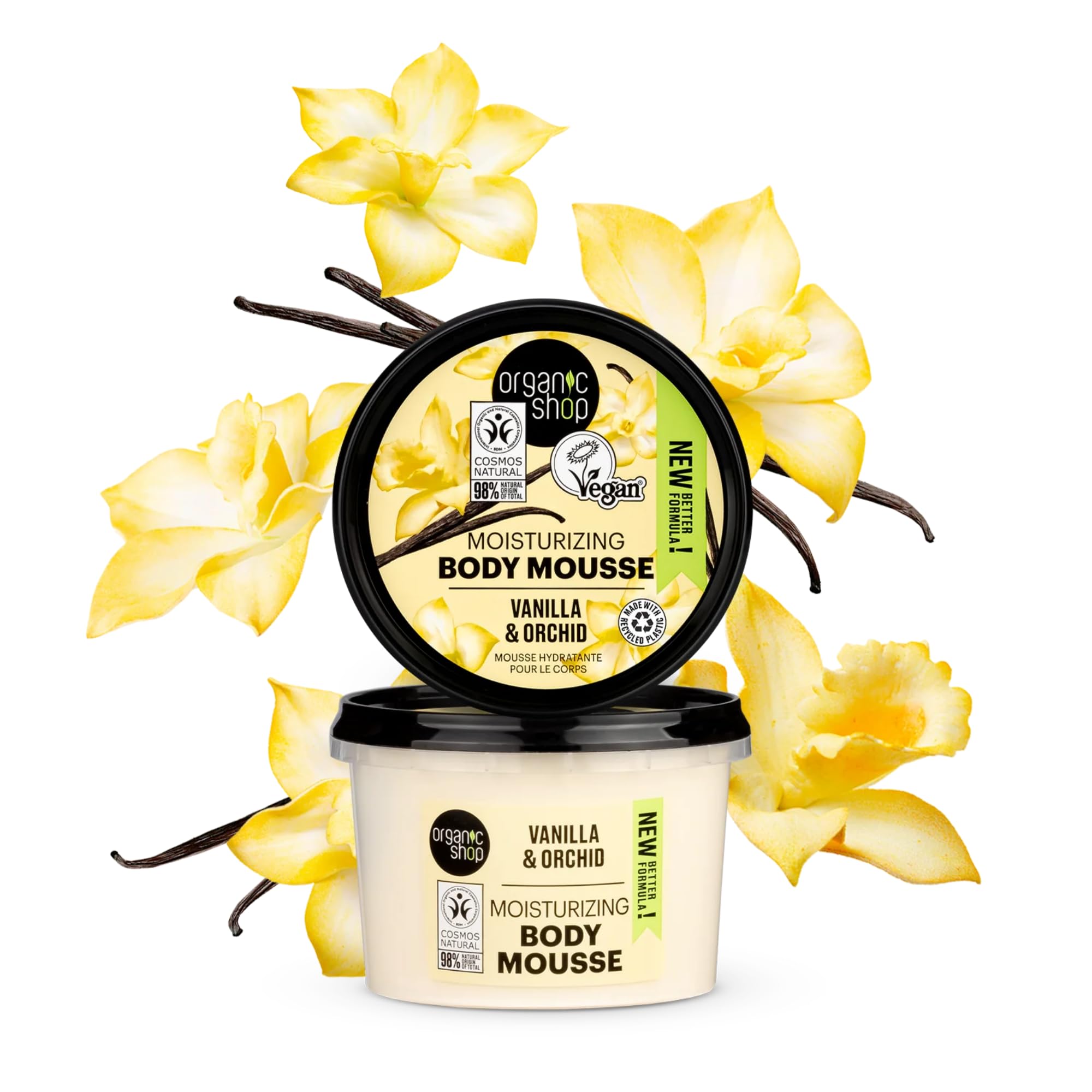 Organic Shop 250ml body mousse texture close up being applied on clean skin.