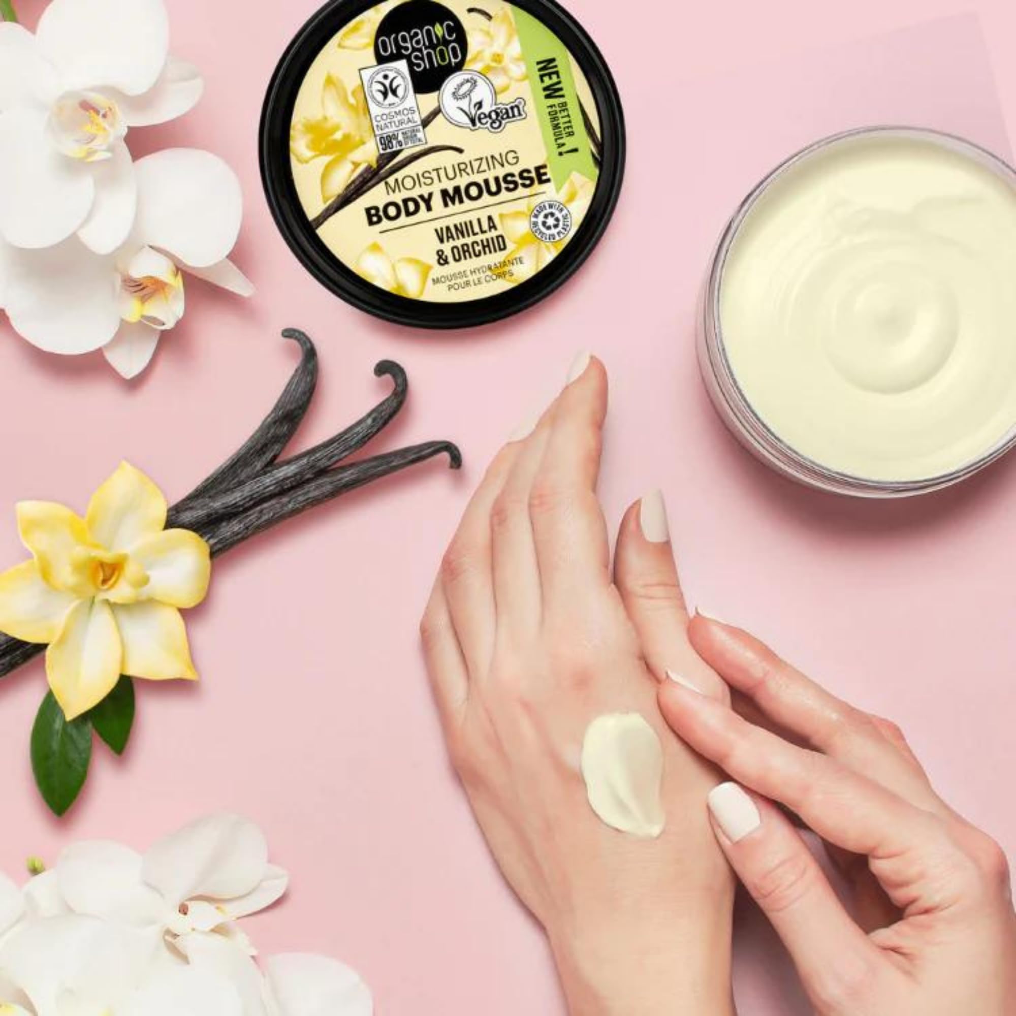 Top view of Organic Shop vanilla and orchid body cream container showing packaging design.