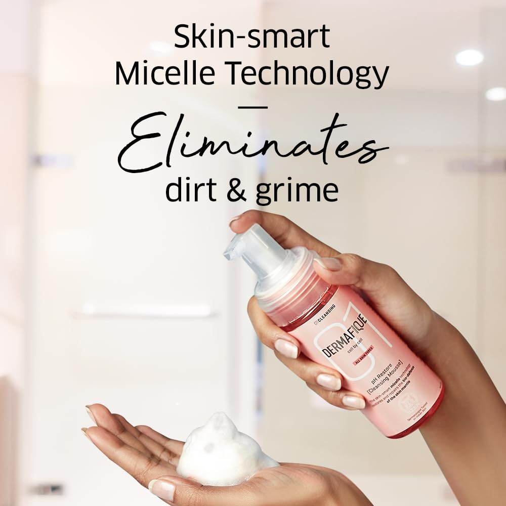 Dermafique pink formula face cleanser texture showing rich mild foam