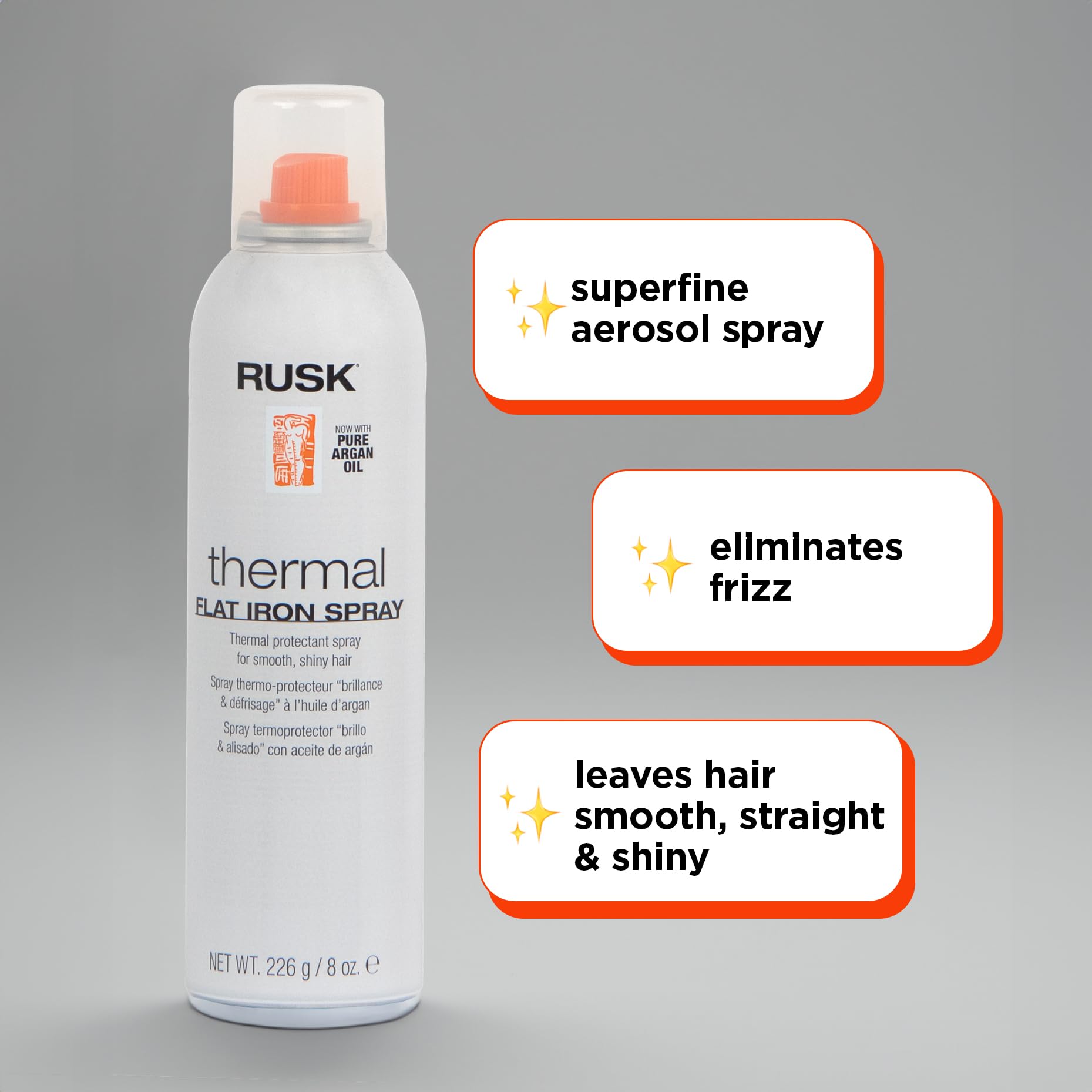 Rusk thermal hair styling spray with Argan oil ingredient label