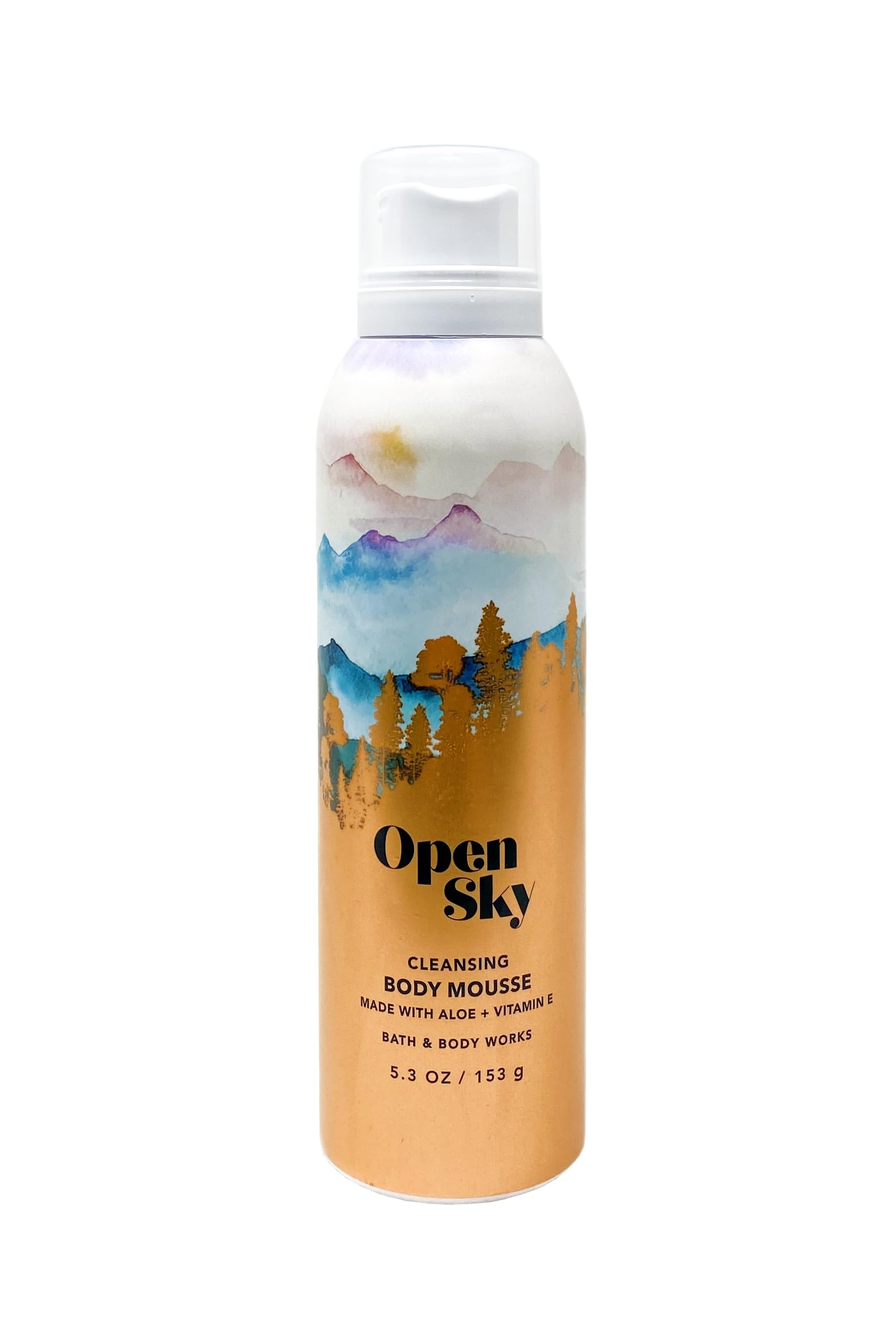 Two bottles of Open Sky foaming shower mousse showing aloe and vitamin E ingredient details on the label