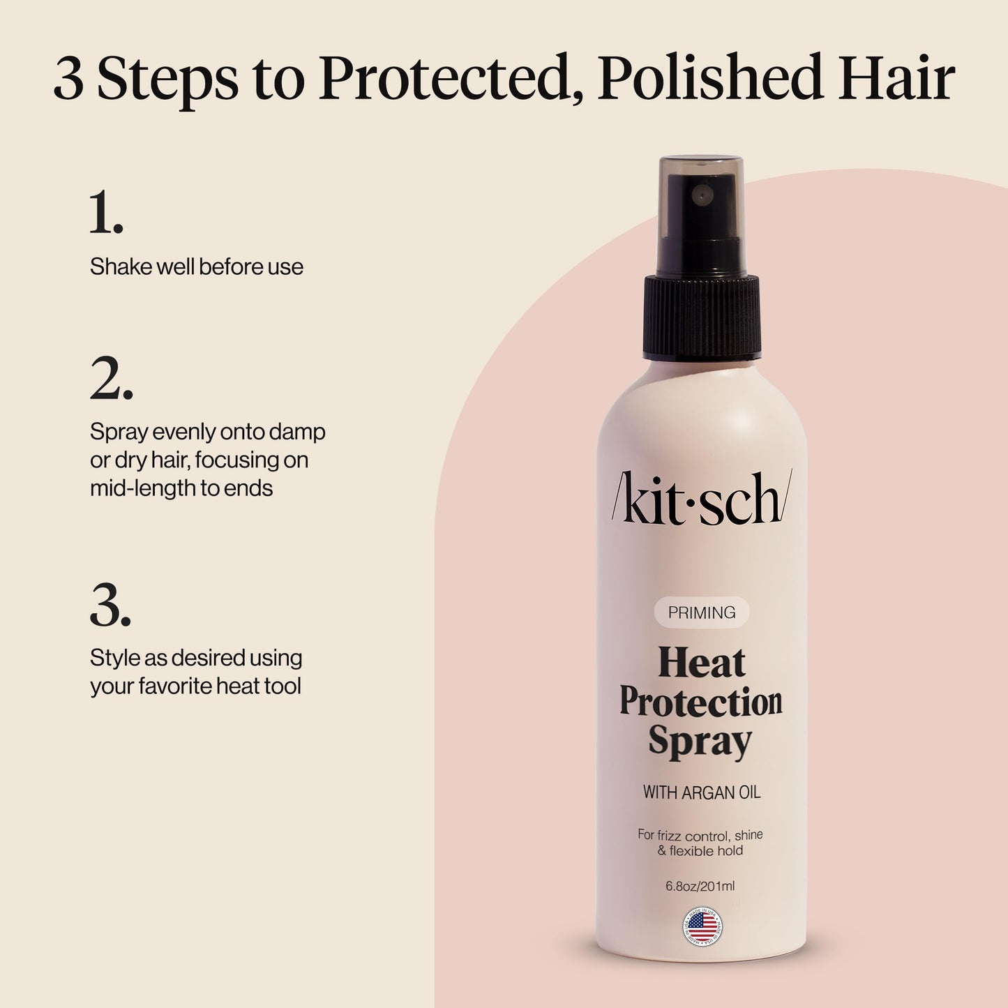Kitsch hair styling mist bottle next to flat iron for heat protection context