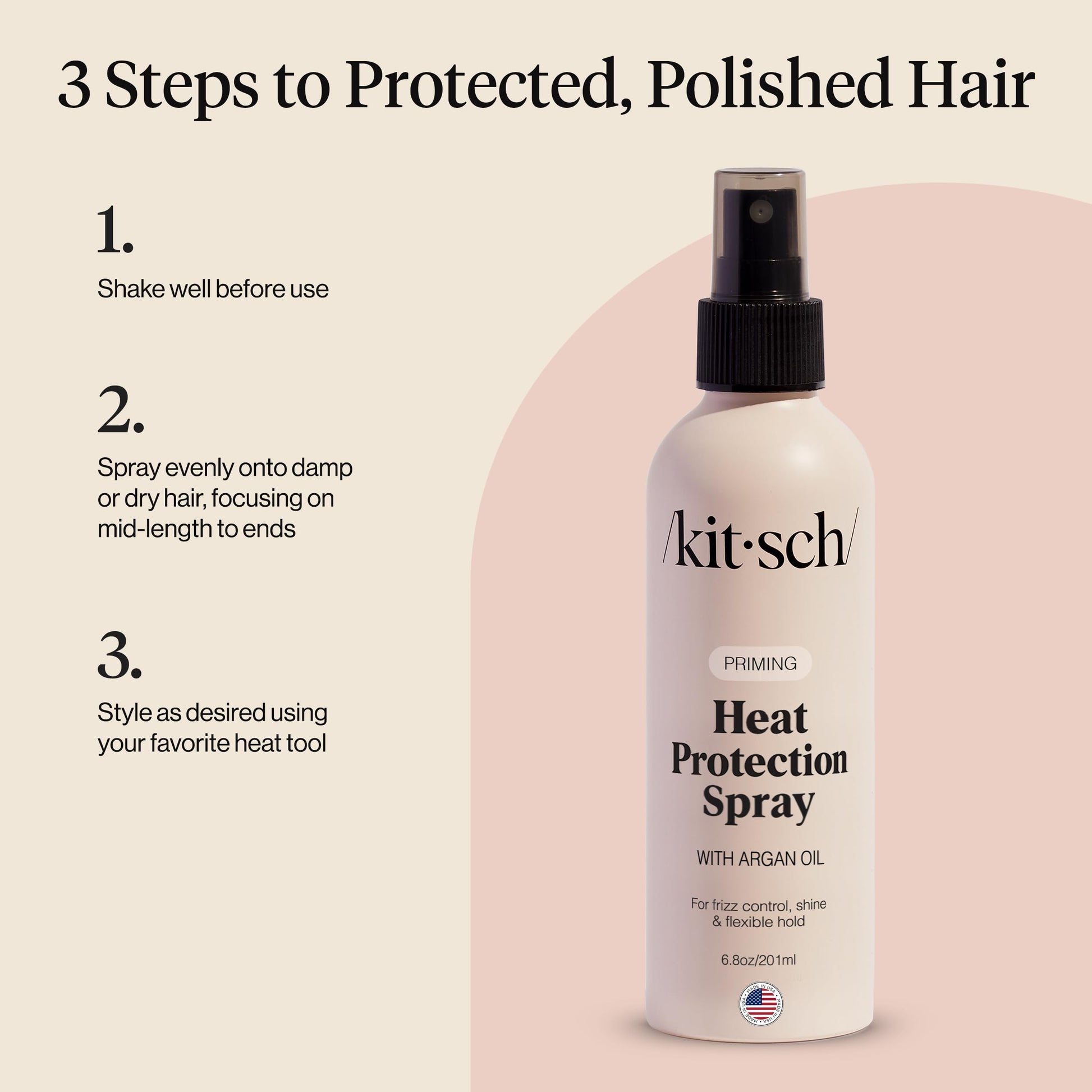Kitsch hair styling mist bottle next to flat iron for heat protection context