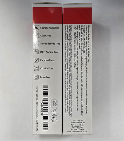 Back of Keratin Research thermal spray bottle with instructions
