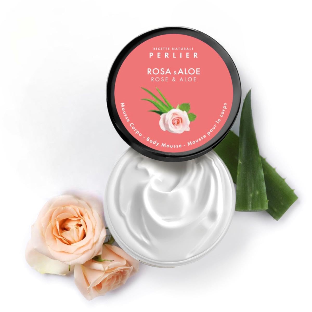 Back label of Perlier Rose and Aloe 200 ml jar showing ingredients and instructions