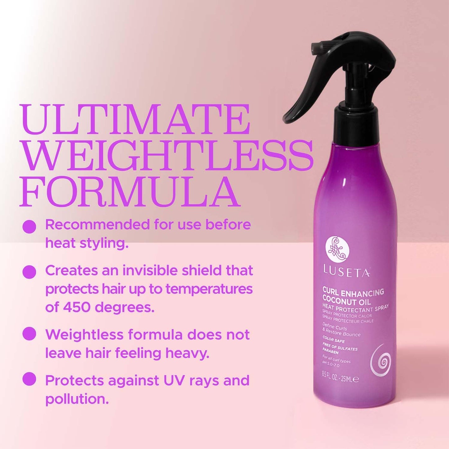 Side profile of Luseta 8.5 fluid ounce hair spray bottle