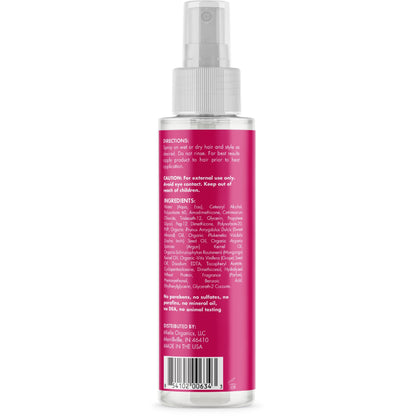 Close up of Mielle Organics hair heat protectant spray label details.