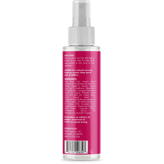 Close up of Mielle Organics hair heat protectant spray label details.