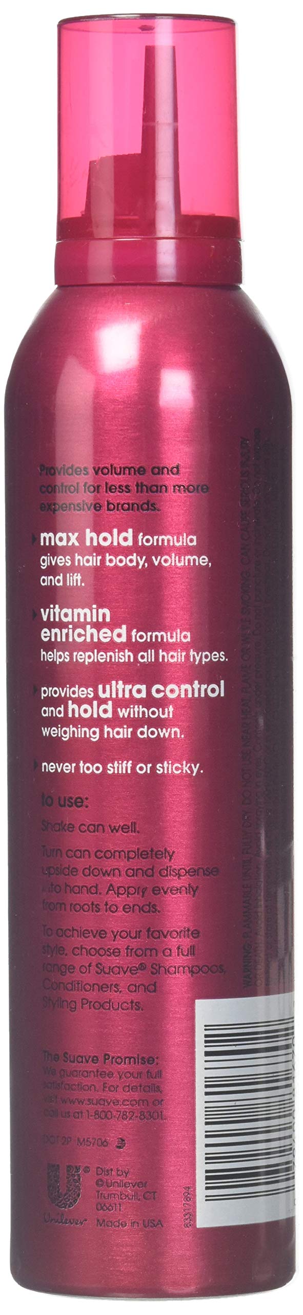 Suave Maximum Control styling foam back view displaying product details and usage directions
