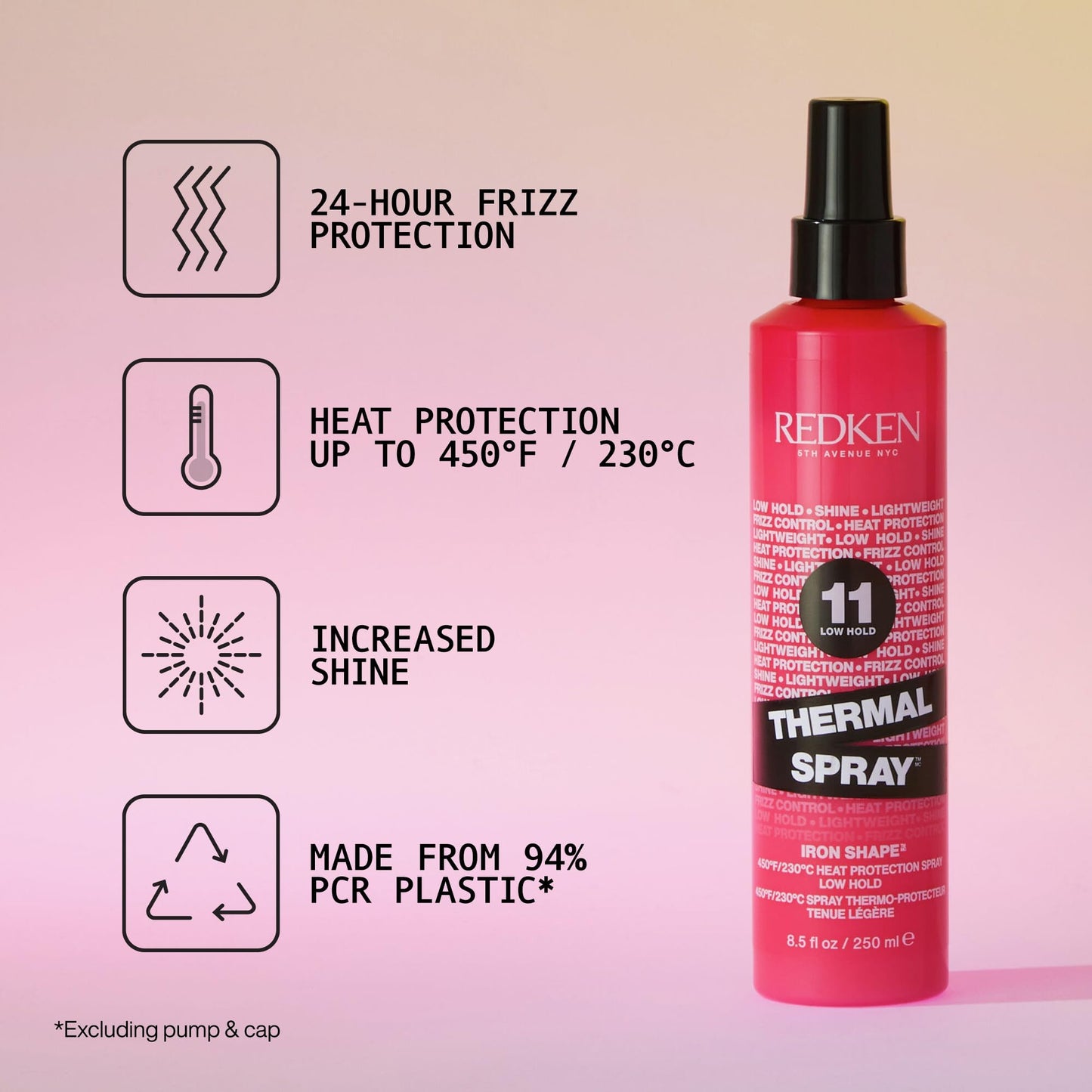 Close up of Redken Thermal Spray 11 packaging showing 230 degrees Celsius protection