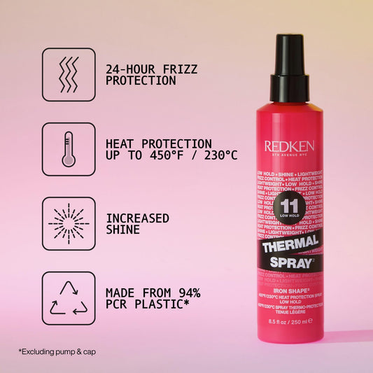 Close up of Redken Thermal Spray 11 packaging showing 230 degrees Celsius protection