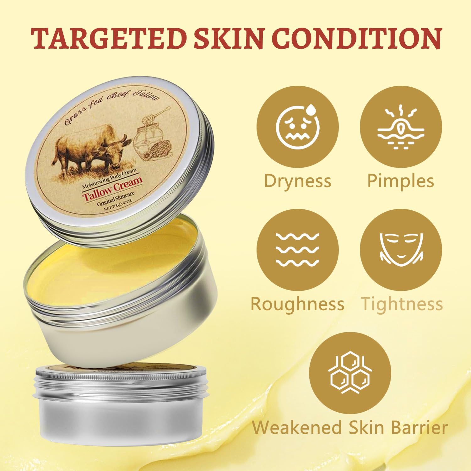 Weranoz beef tallow balm tin open revealing the smooth natural cream texture with ingredients listed.