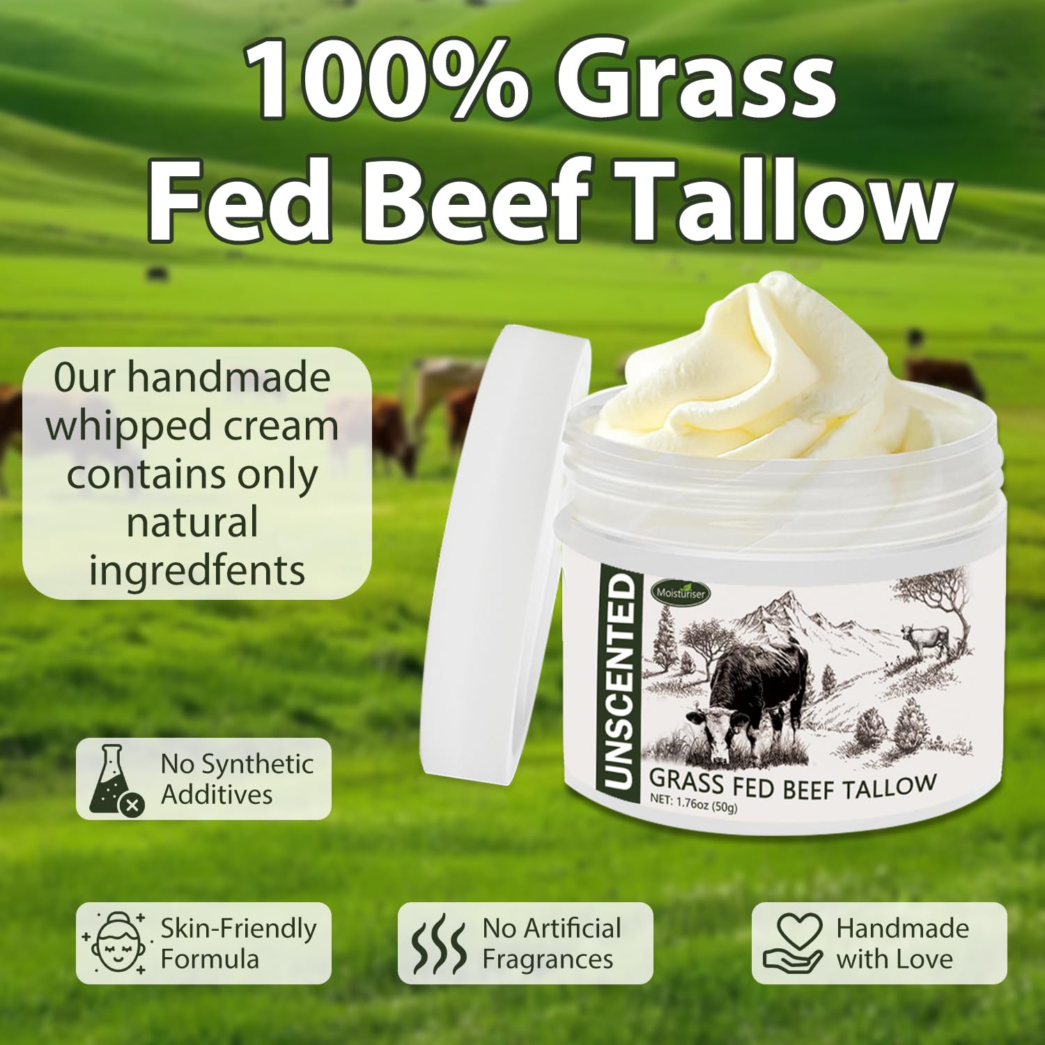 Whipped tallow face moisturizer jar showing creamy texture