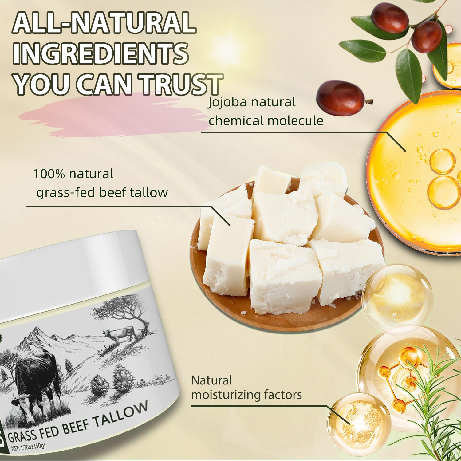 Unscented beef tallow cream container for sensitive skin care