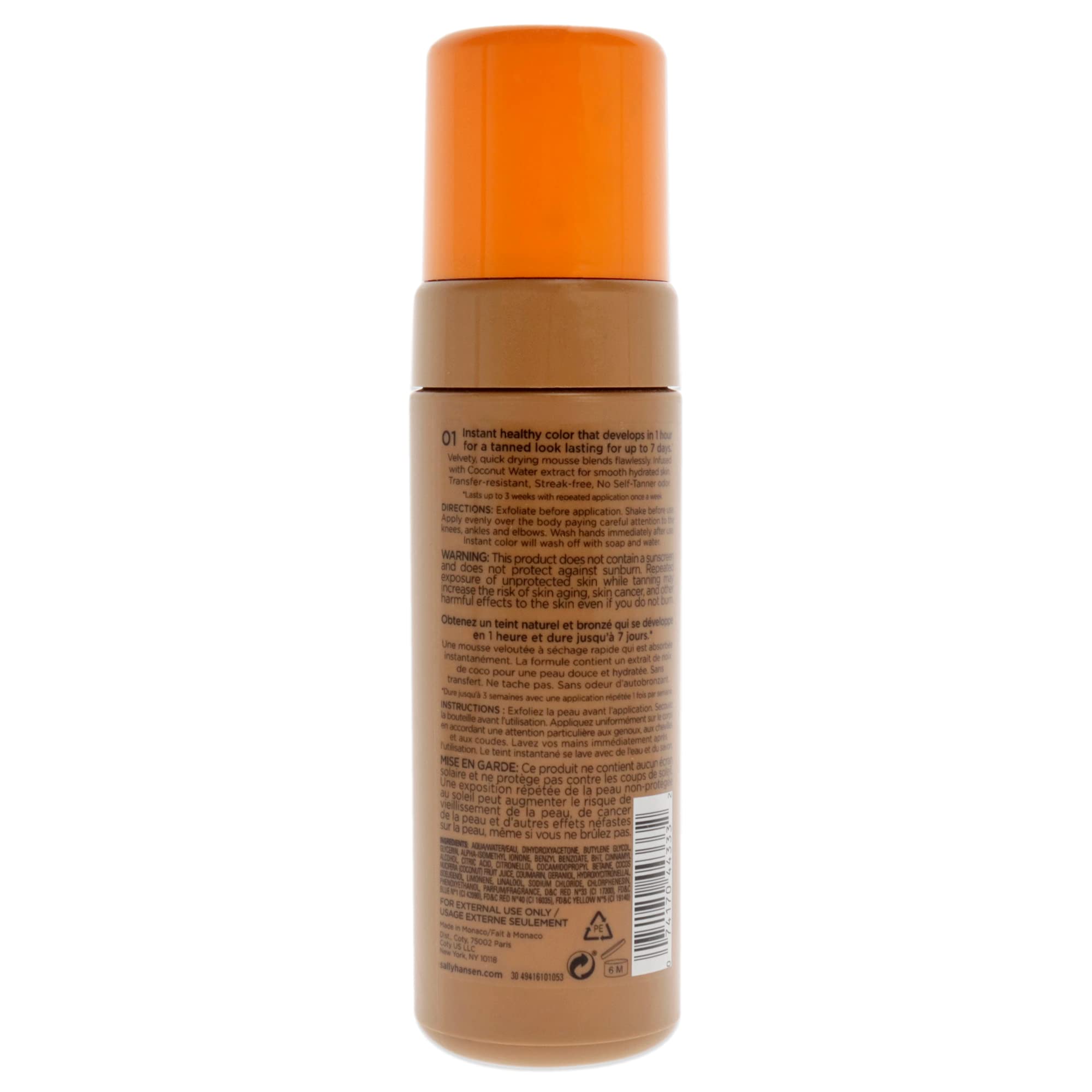 Sally Hansen instant self-tanning mousse in Medium shade displaying product texture and application details.