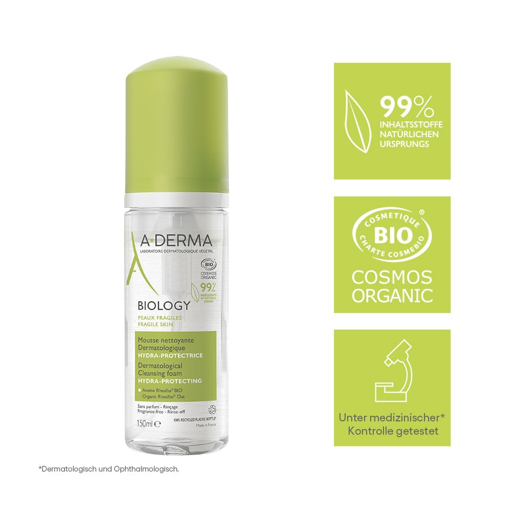 A-Derma Biology organic dermatological cleansing foam showing the fragrance-free product label
