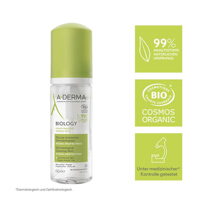 A-Derma Biology organic dermatological cleansing foam showing the fragrance-free product label