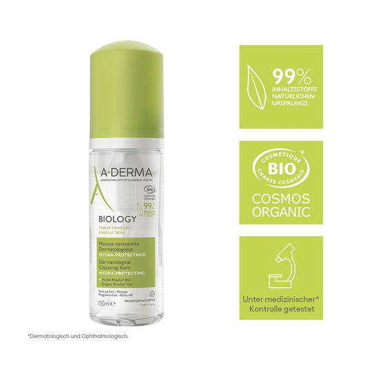 A-Derma Biology organic dermatological cleansing foam showing the fragrance-free product label