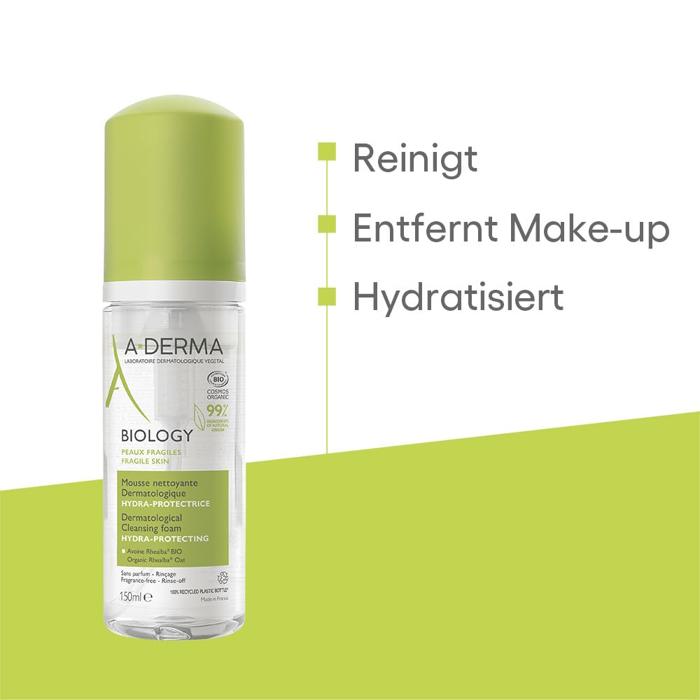 A-Derma Biology foaming face wash bottle showcasing the certified organic ingredients