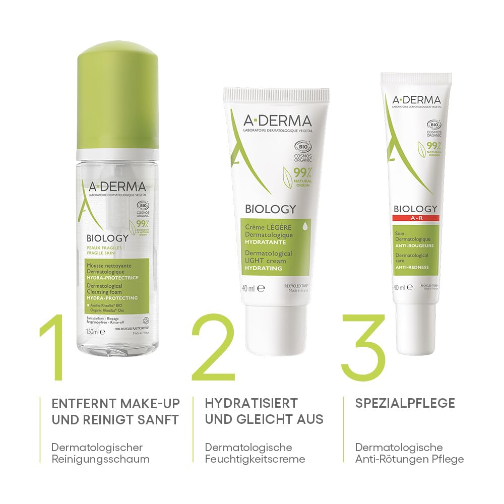 Applying A-Derma Biology cleansing foam to facial skin