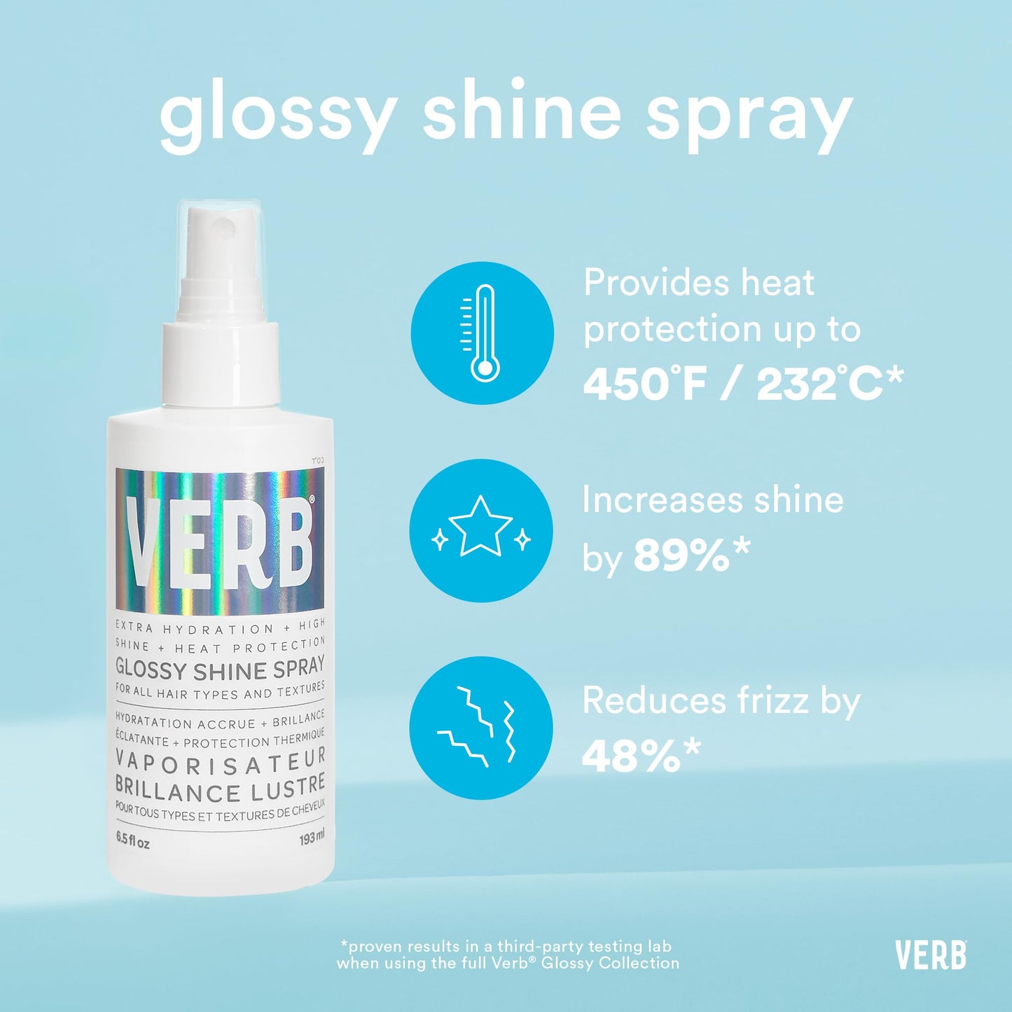 Close up of Verb Glossy Shine Spray label and ingredients