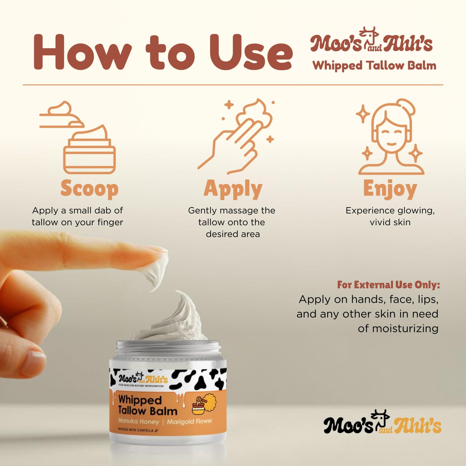 Moo's and Ahh's ancestral style beef tallow face and body cream application