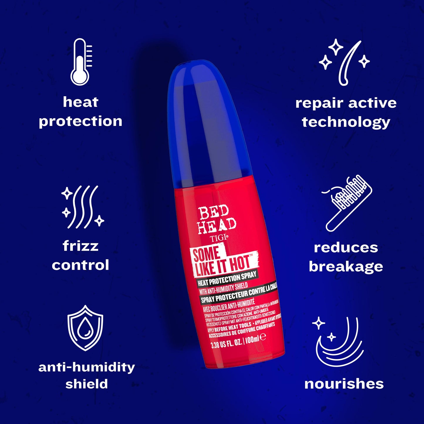 Side profile of Tigi Bed Head heat protectant bottle