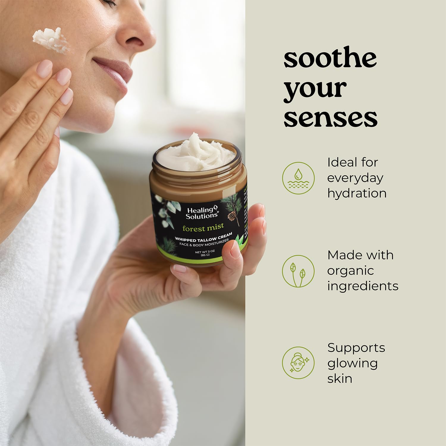 Healing Solutions grass fed beef tallow balm with eucalyptus and manuka honey for deep skincare.