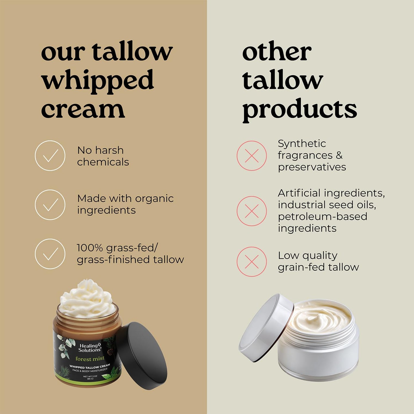 Compact three ounce container of non GMO grass finished beef tallow balm for natural beauty routines.