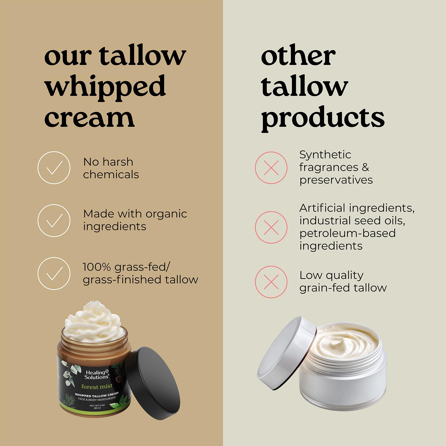 Compact three ounce container of non GMO grass finished beef tallow balm for natural beauty routines.