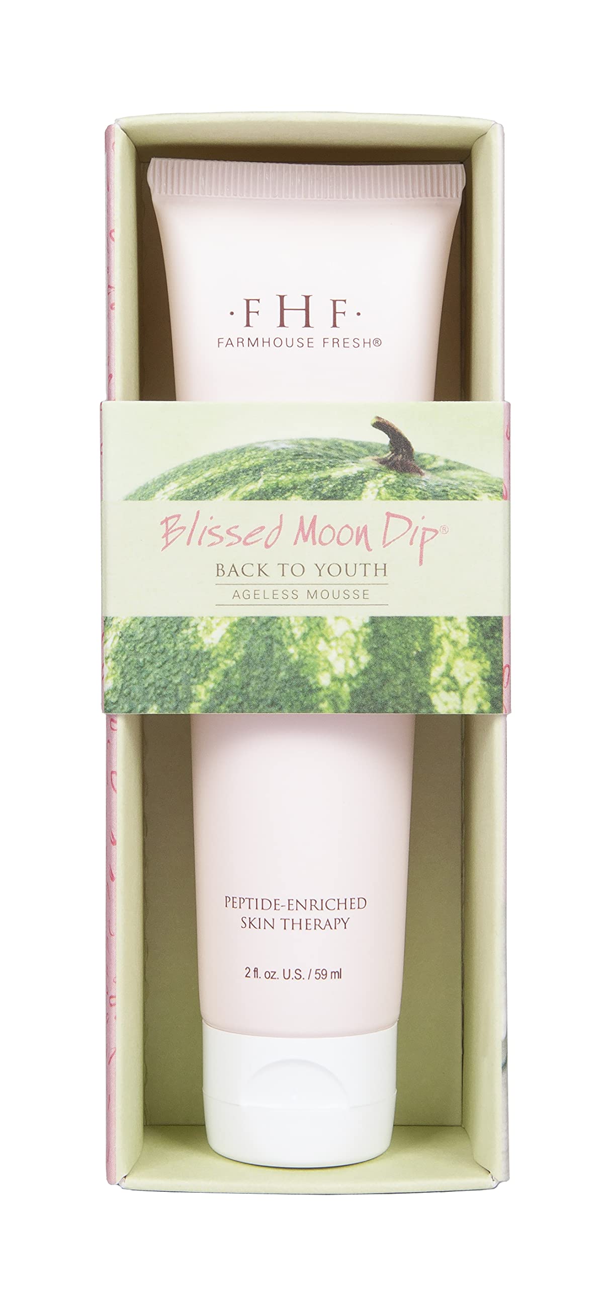 Travel friendly whipped hand cream packaging displaying ingredients and natural watermelon basil branding for youthful looking skin.