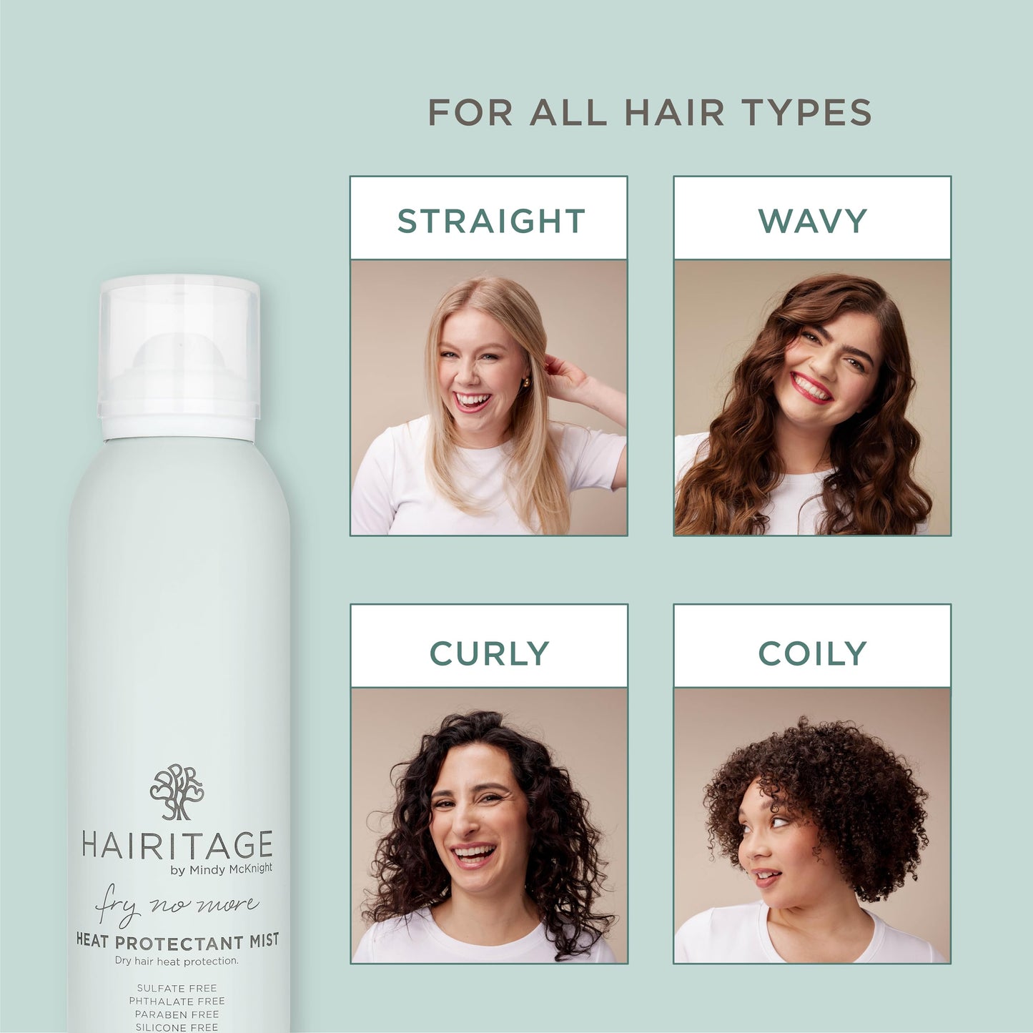 Group shot of Hairitage hair care collection showing heat protectant spray