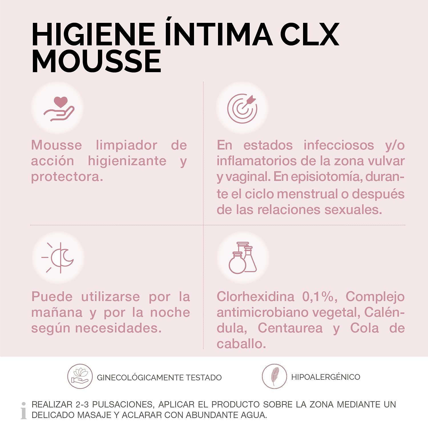 Cumlaude Gynelaude CLX antimicrobial foaming wash showing consistency and size details for reference.
