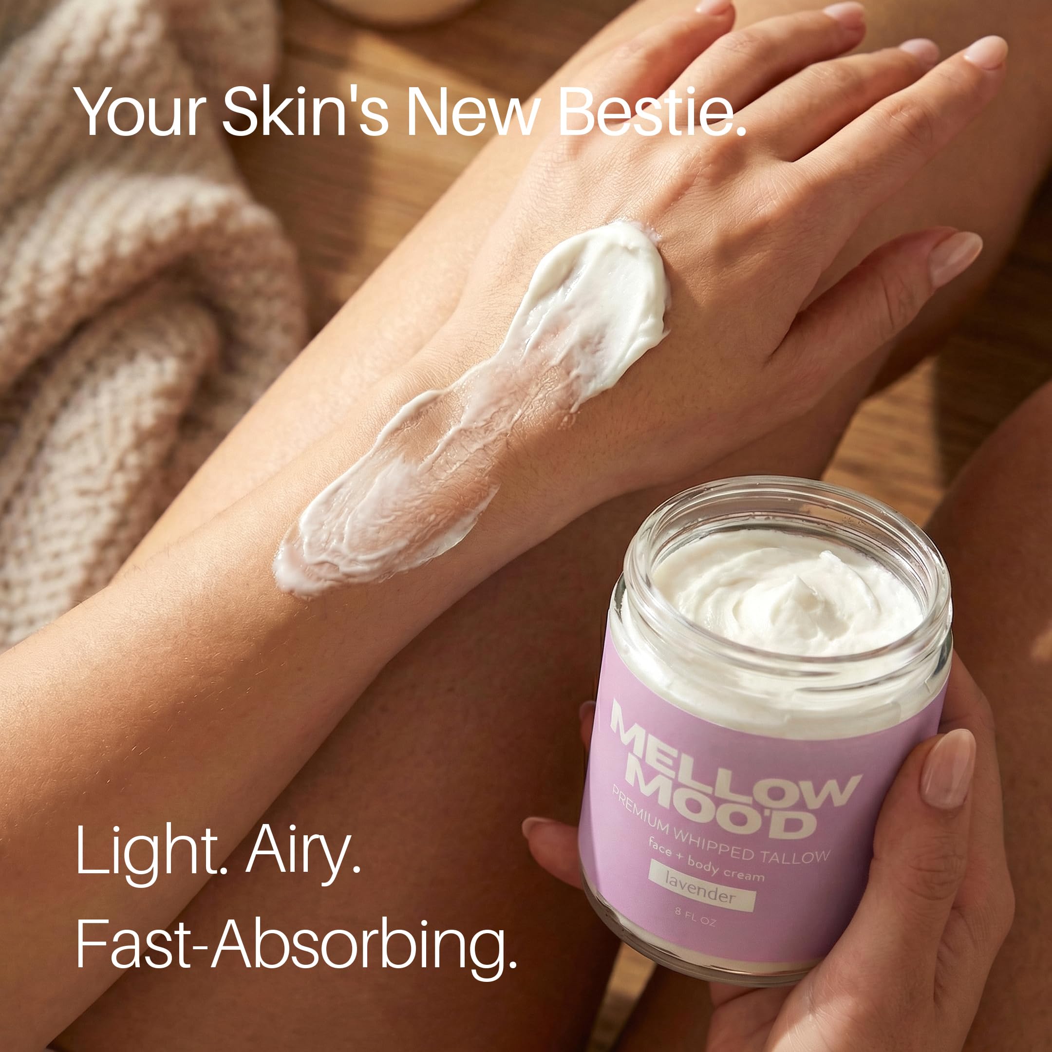 Mellow Mood premium whipped tallow face and body lotion packaging details showcasing the extra large nine fluid ounces size.
