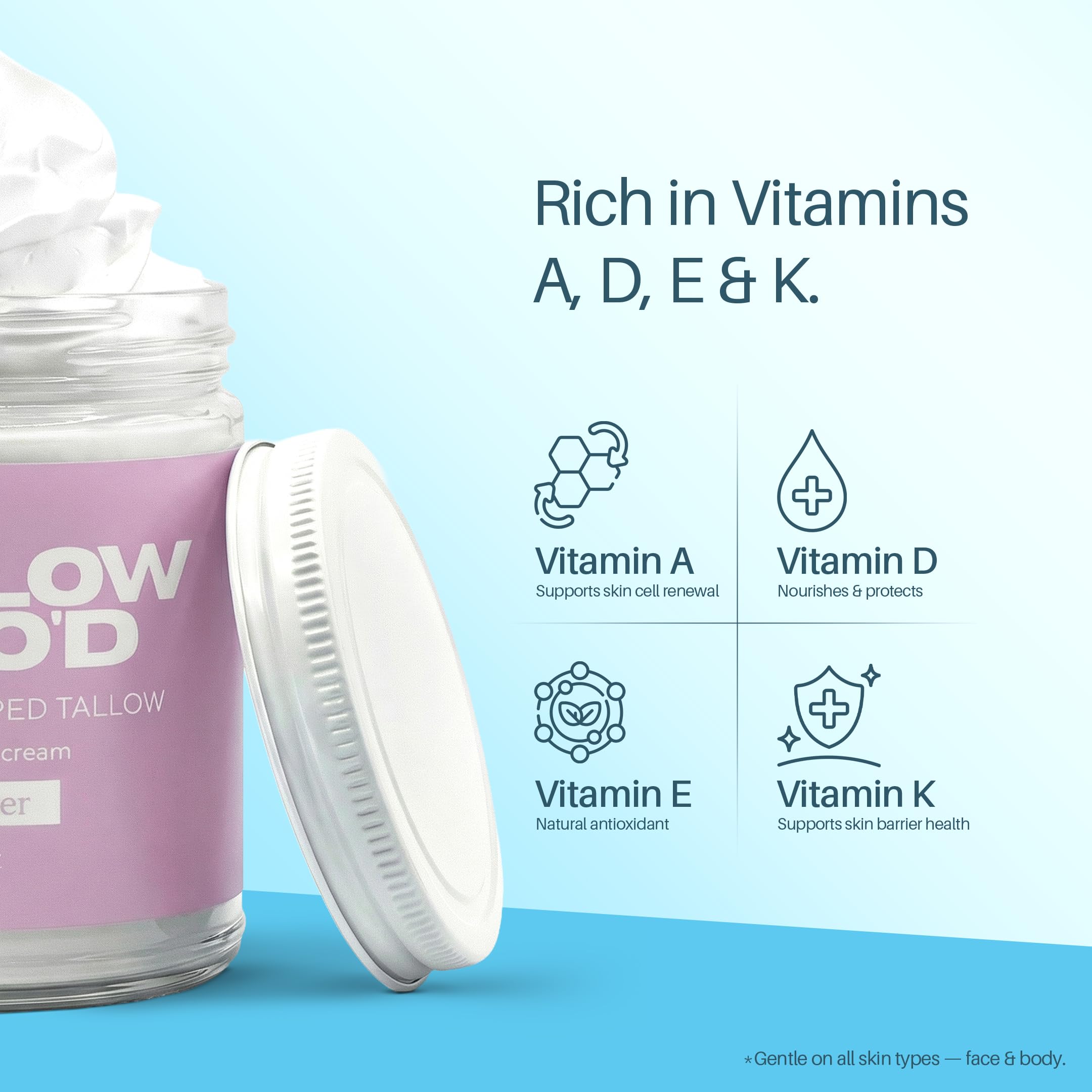Authentic USA imported grass fed beef tallow moisturizer with calming lavender essential oil for dry skin relief.