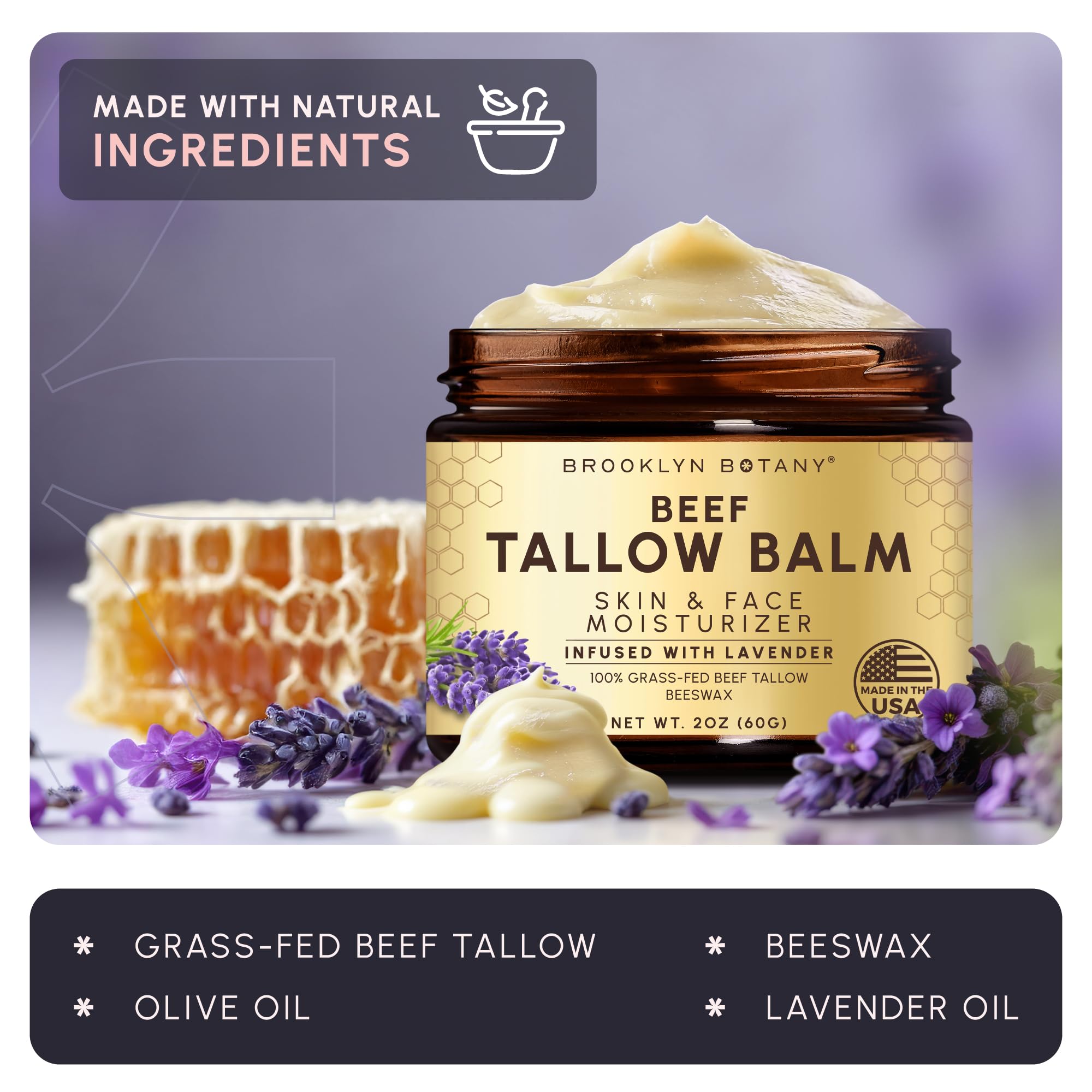Organic style tallow and olive oil moisturizer packaging detailing ingredients