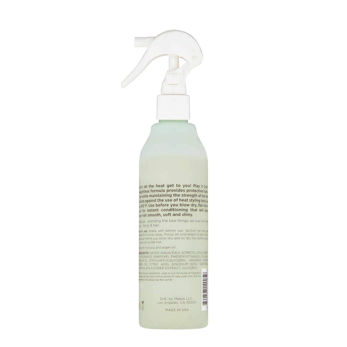 Back of Hairitage heat protectant spray with usage instructions