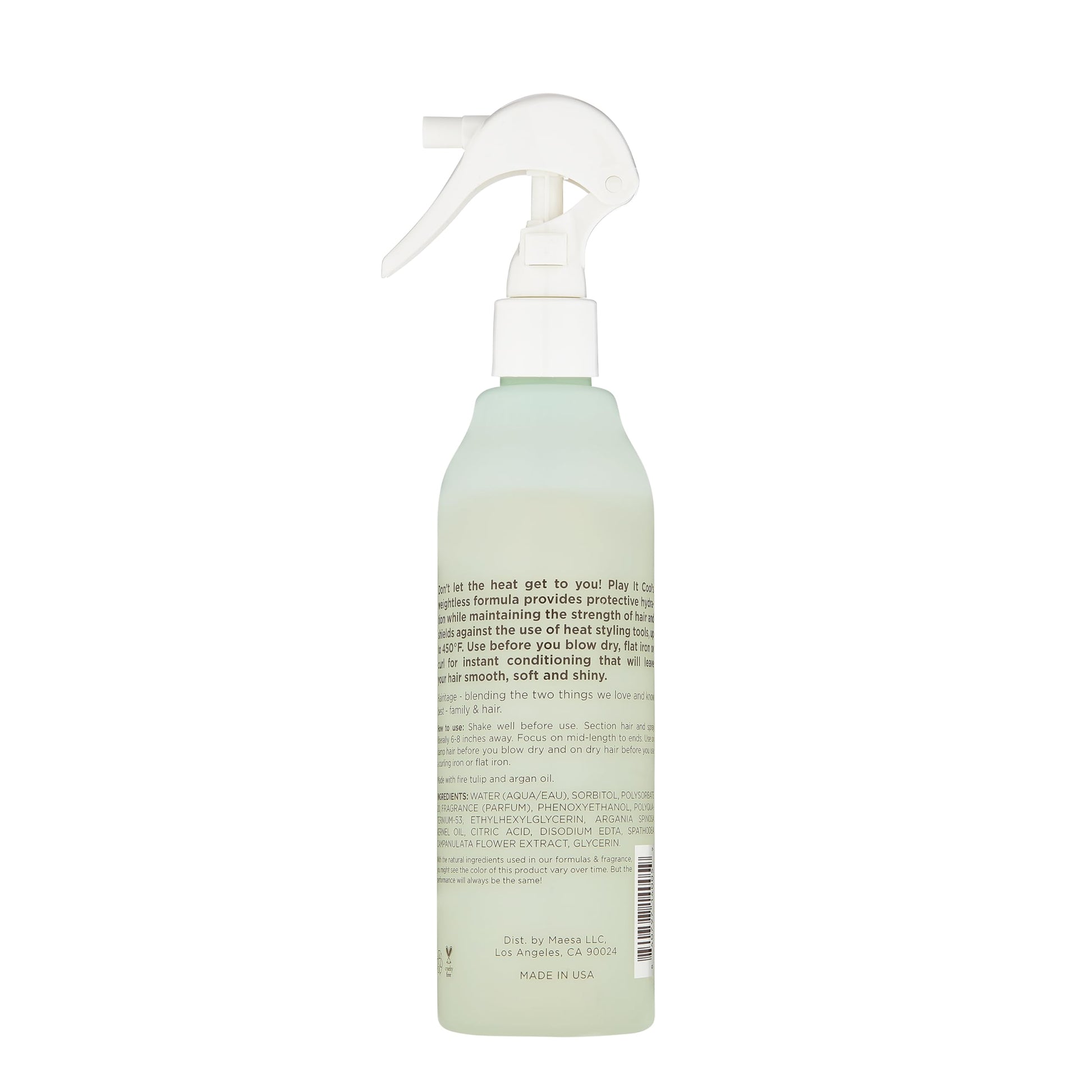 Back of Hairitage heat protectant spray with usage instructions